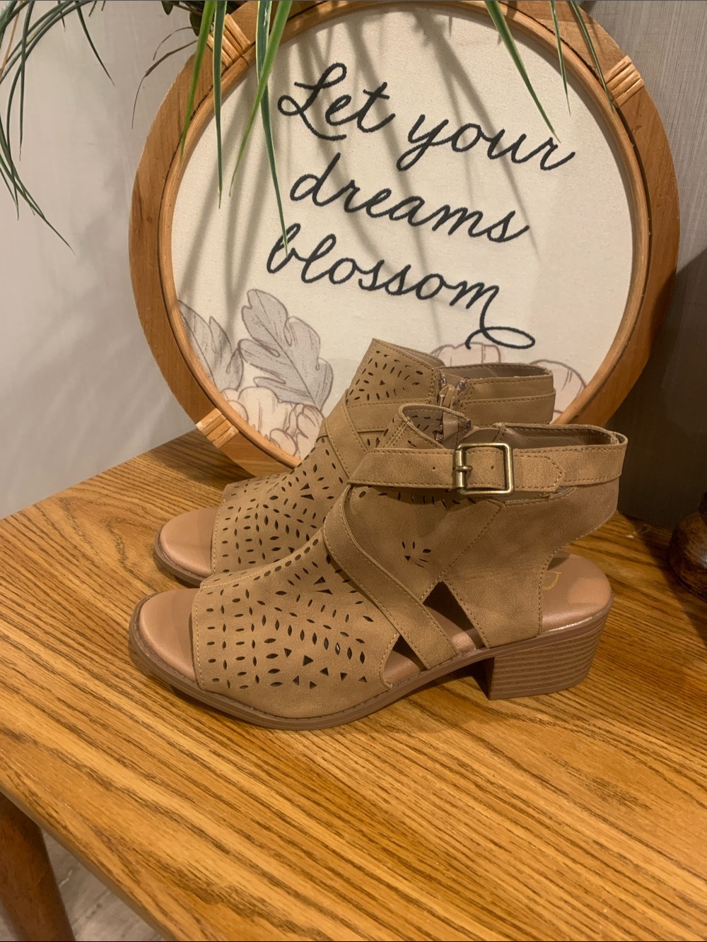 Justice Tan Perforated Open-Toe Block Heel Sandals